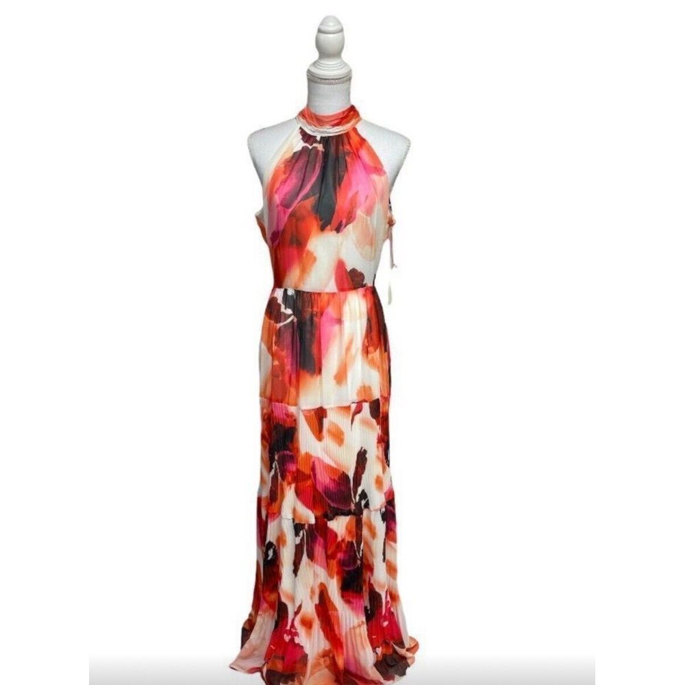 Alex Marie Alyssa Halter Mock-Neck Tie Back Sleeveless Tiered Maxi Floral‎ #27